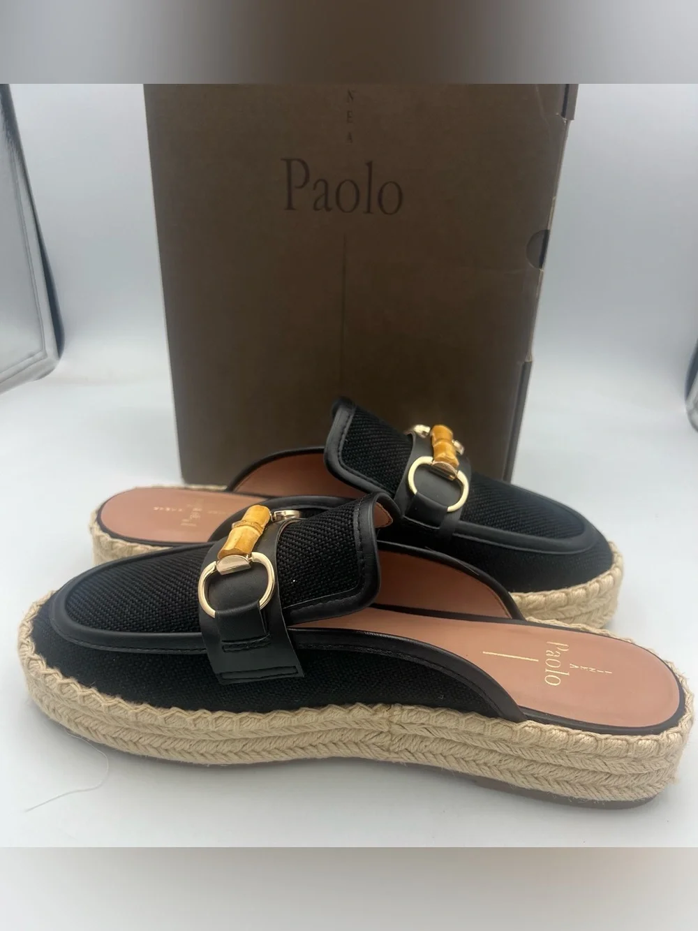 Linea Paolo Shiloh Bamboo Espadrille Mules Black w/Nappa Leather Trim Size 9 NWB